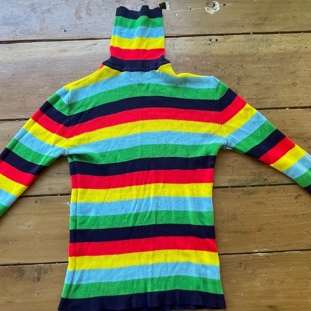 Vintage 1970s Tight Turtleneck Sweater 100% Acrylic Knit Rainbow Striped 38 - Picture 2 of 6